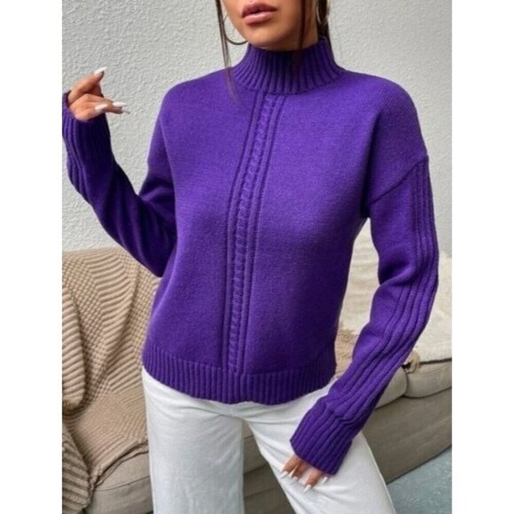 Casual Purple Round Neck Pullovers Cable kint - Picture 1 of 6
